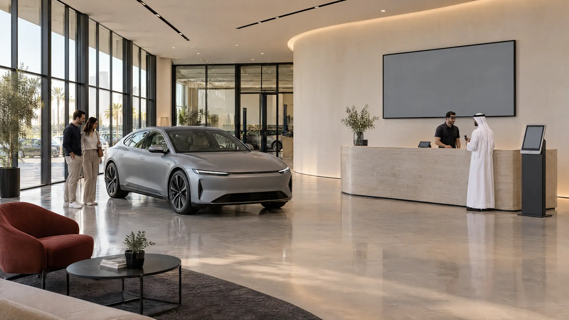 Showroom avec une berline électrique sans marque ; un conseiller accueille un client à l’accueil après-vente, près d’une borne