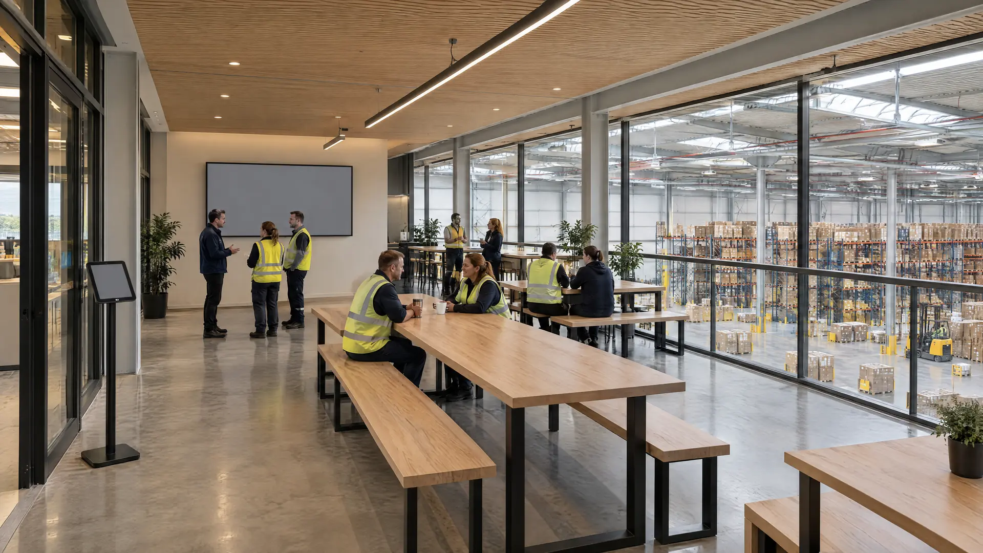 Mezzanine break and briefing area of a distribution centre; staff in high-visibility vests talk beside a wall display overlooking the warehouse