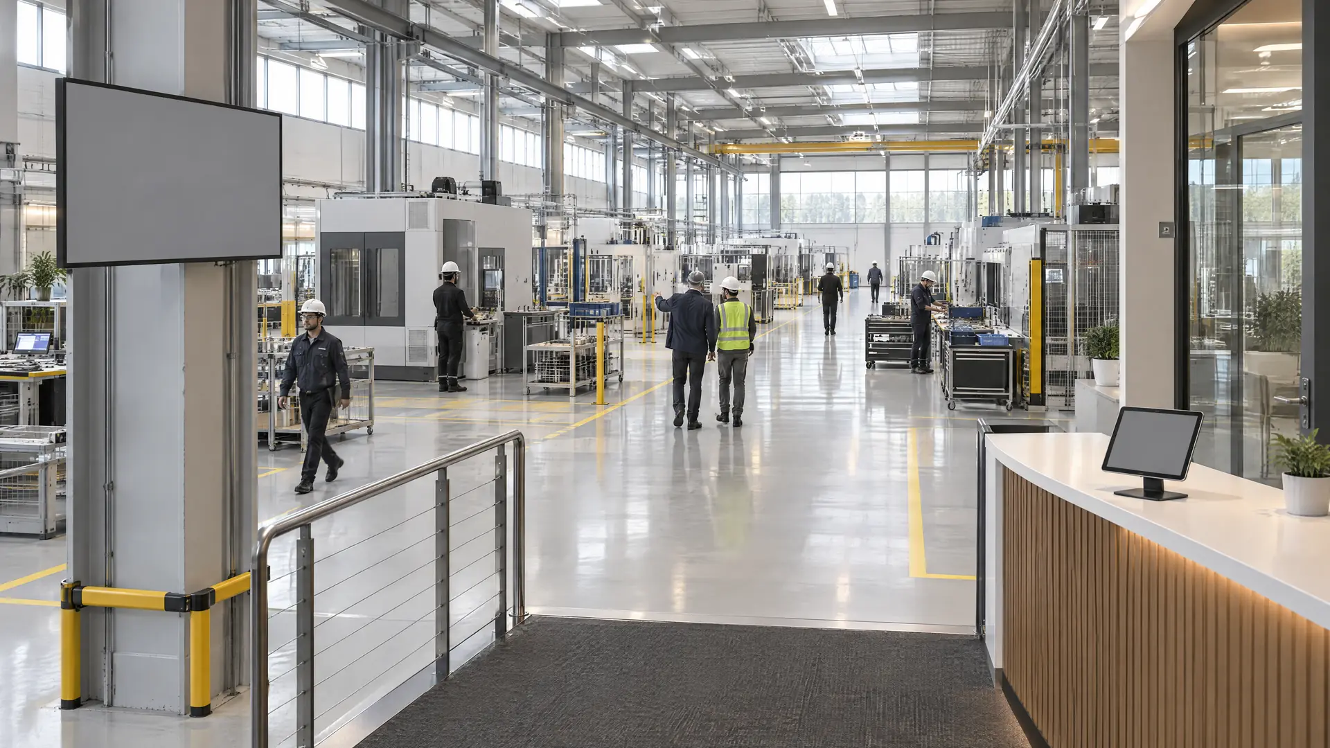 Clean manufacturing plant seen from the visitor entrance; technicians walk the floor past a column-mounted display