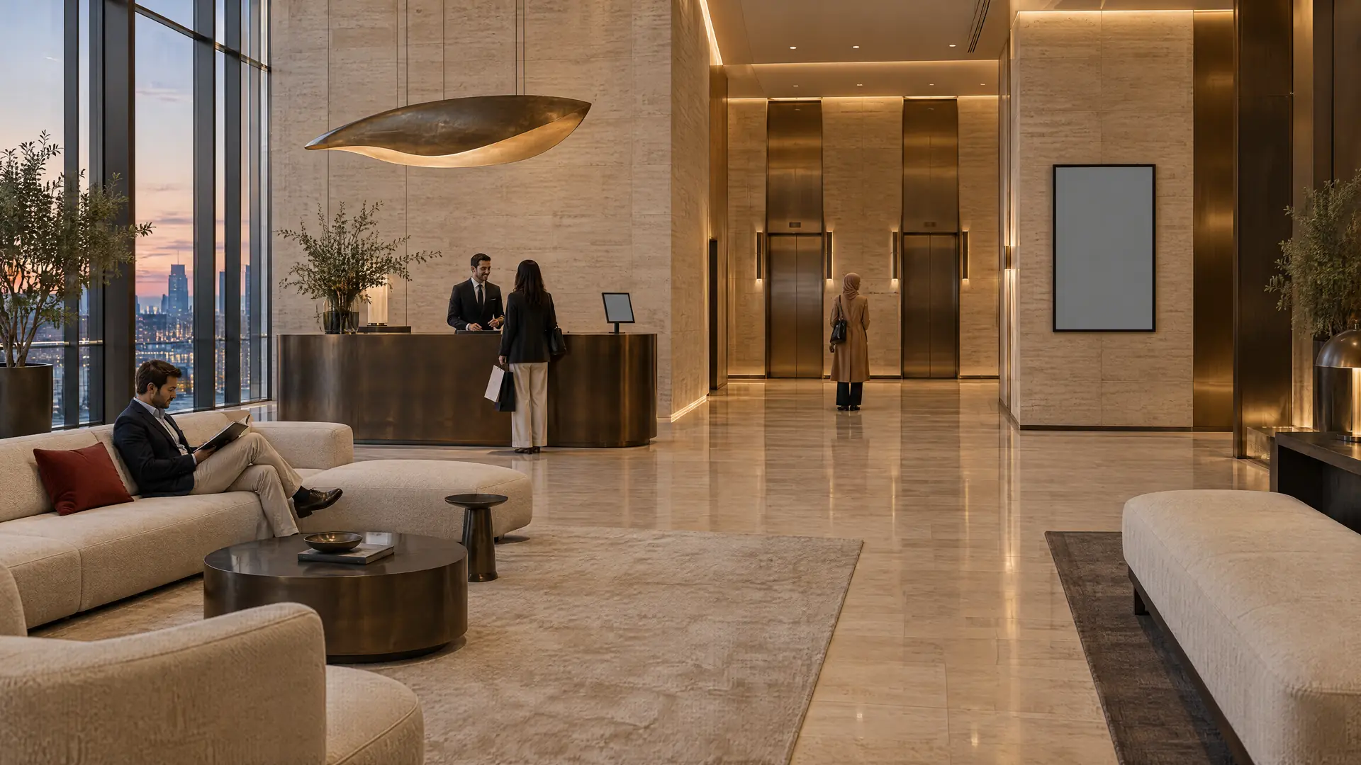 Hall d’une tour résidentielle en travertin et bronze ; le concierge accueille un résident pendant qu’une autre personne attend l’ascenseur près d’un écran vertical